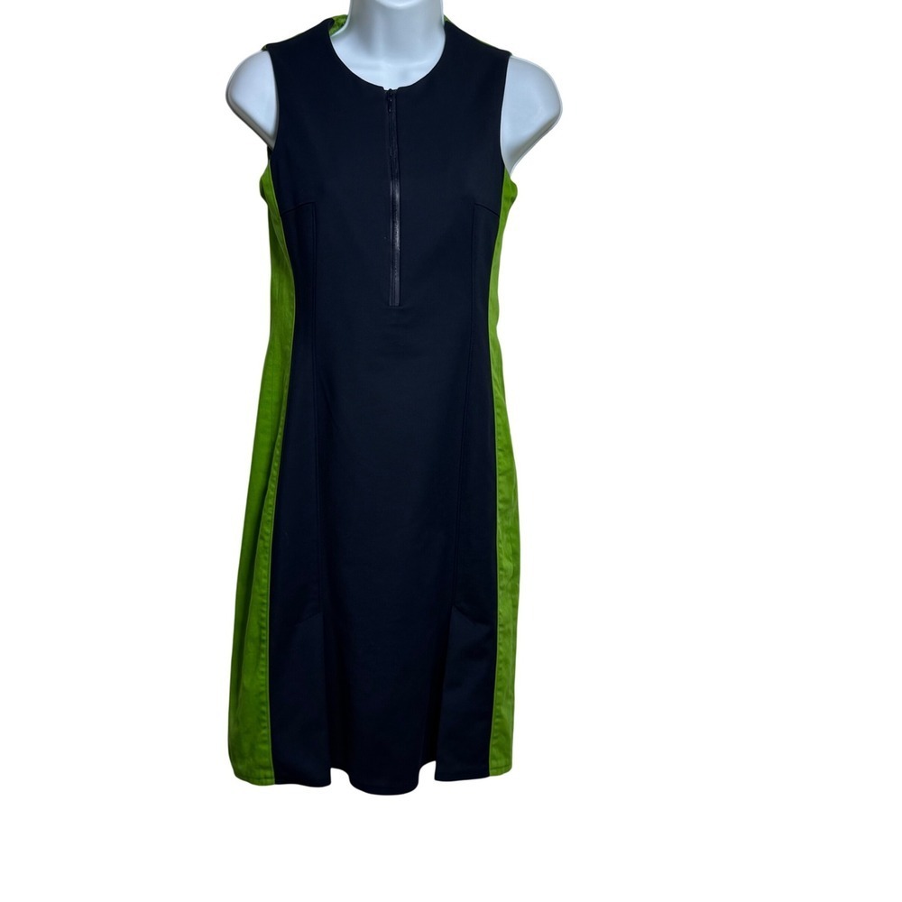 AKRIS Punto Black Lime Green Colorblock Sheath Dress Zip Front Size US 2